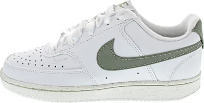 A side profile of a white Nike Court Vision Lo NN sneaker with gray accents.