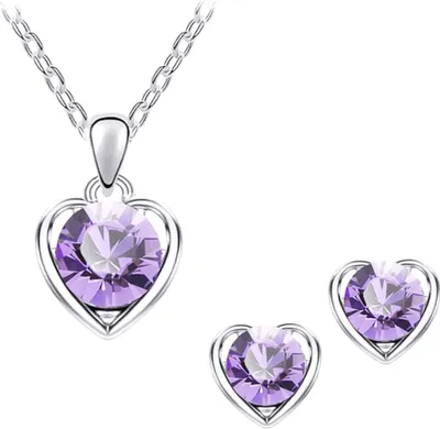 Produktbild von Frauen Strass Herz Anhänger Halskette Kette Ohrstecker Party Schmuck Set-Helles Lila