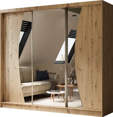 Produktbild von ALTDECOR Kleiderschrank mit Spiegel und Schiebetüren VOXI, kugelgelagerte Führungsschienen und Aluminium-Leisten, LED-Beleuchtung (weiß + 16 Farben) und Fernbedienung 240 cm Eiche Artisan
