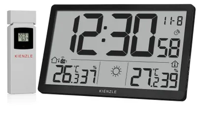 Produktbild von Kienzle Jumbo NEO LCD Wetter Wanduhr schwarz mit XXL Display Außensensor