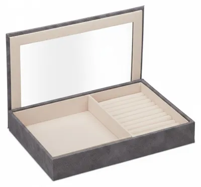 Image de Boîte à bijoux Relaxdays, aspect cuir, velours, boîte à bijoux avec fenêtre, H x l x P : 5 x 30 x 21 cm, porte-bagues, gris