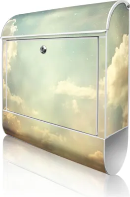 Produktbild von banjado Design Briefkasten Stahl weiß mit Zeitungsfach pulverbeschichtet "Himmel Vintage" 38x46x12,5cm & 2 Schlüssel - Postkasten A4 Einwurf inkl. Montagematerial [BKW 12290]