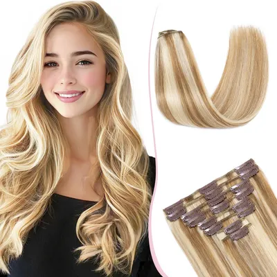 Produktbild von Remy Clip in Extensions Echthaar Glatt 45cm 70g 8 Stück Goldbraun & Weißblond