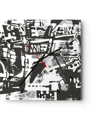Produktbild von Wanduhr - Quadrat - Glasuhr - Schwarzweiß Figuren Abstraktion - 40x40cm - Schleichendes Uhrwerk - Lautlos - zum Aufhängen bereit - Dekoration Modern - Wanddekoration aus Glas - C3AC40x40-5125