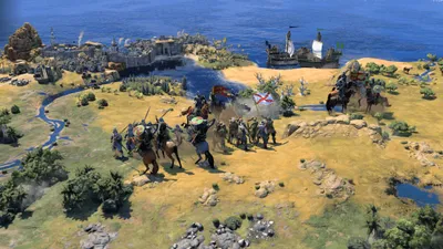 A scene from a strategy video game depicting a battle between medieval soldiers on a coastal landscape with a city and ships in the background.