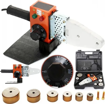 A collection of tools and accessories for plastic pipe welding, including a polyfusion welding machine, dies, and a carrying case.