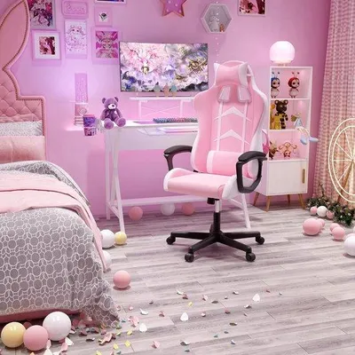 Immagine prodotto di Sedia da gioco ergonomica, sedia da ufficio con poggiatesta e cuscino lombare regolabili, sedia da ufficio con schienale alto, poltrona rosa