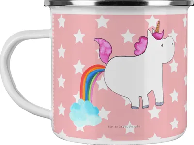 Produktbild von Mr. & Mrs. Panda Emaille Becher Einhorn Pupsen - Rot Pastell - Geschenk, Lustig, Unicorn, Haferl, Regenbogen, Tasse, Spaß, Pott, Teetasse, Freundin, Kaffeepott