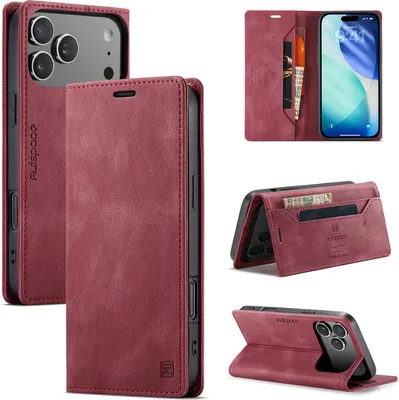Produktbild von Hülle für iPhone 17 Pro, Retro Kunstleder Tasche Kartenfächern und Ständer Schutzhülle Rot
