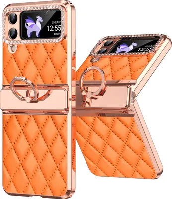 Produktbild von Leder Hülle für Samsung Galaxy Z Flip 4 5G mit Ringhalterung, Luxus Glitzer Bling Überzug Scharnierschutz Handyhülle Orange