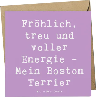 Produktbild von Mr. & Mrs. Panda Klappkarte Spruch Boston Terrier Freude - Lavendeltraum - Geschenk, anlasskarte, Familienhund, Grußkarte, Hunderassen Beschreibung, Glückwunschkarte