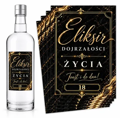 Obrázek produktu pro Etikety na lahve – k 18. narozeninám – „Eliksir Dojrzałości” – černá a zlatá – 8 ks