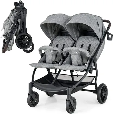 Produktbild von COSTWAY Faltbarer Zwillingskinderwagen, Geschwisterwagen mit Individueller Neigung, Verstellbarer Rückenlehne & Fußstütze & Baldachin, Tragbarer Zwillingsbuggy für Baby 0-4 Jahren