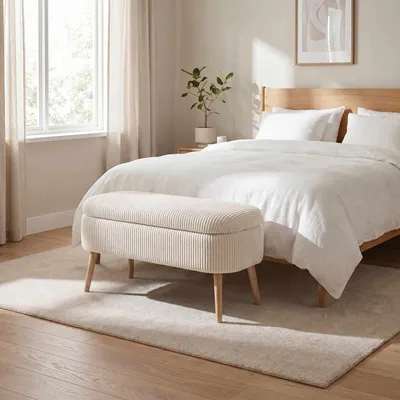Image de Hanah Home, pouf de haute qualité (code pour parents) - Crème, 100% lin, 90x46x35 cm