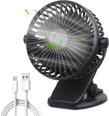 Produktbild von Tischventilator, Mini Clip Ventilator, 360° drehbarer USB-Ventilator, 3 Geschwindigkeiten, leiser Kinderwagen Ventilator, Desktop-Ventilator, Schwarz