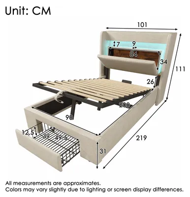Productafbeelding van Bekleed bed 90 x 200 cm met bedbox met hydraulisch mechanisme, hoofdbord met opbergvak, LED, USB, USB-C, linnen, beige