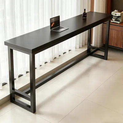 Image de Table d'appoint étroite, plateau en bois, structure en métal, noire, dimensions : 180 x 30 x 104 cm