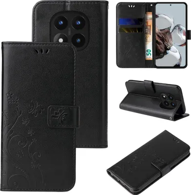 Produktbild von Handyhülle für Xiaomi Redmi Note 14 Pro 5G / 14 Pro+ 5G Floral Blumen Schmetterling Flip Cover Hülle Case Klapphülle Handytasche Farbe: Schwarz