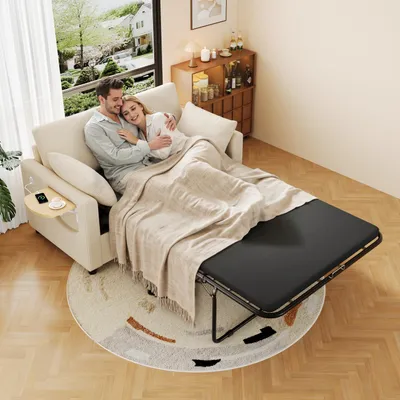 Produktbild von Merax 2‑Sitzer Schlafsofa, Schlafcouch mit Bettfunktion, klappbarem Beistelltisch, USB & USB-C Anschlüsse, Matratze & 2 Kissen, 2 Bettlaken, Beige