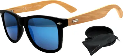 Produktbild von Retro Sonnenbrille Polarisiert Blau Verspiegelt Echte Holz Bambus Bügel Nerdbrille Schwarz mit Brillenbox Rennec ®