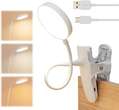 Immagine prodotto di Lampada da lettura ricaricabile - Clip per libro - Ideale per leggere a letto - 3 colori regolabili - 5 Watt - Bianco