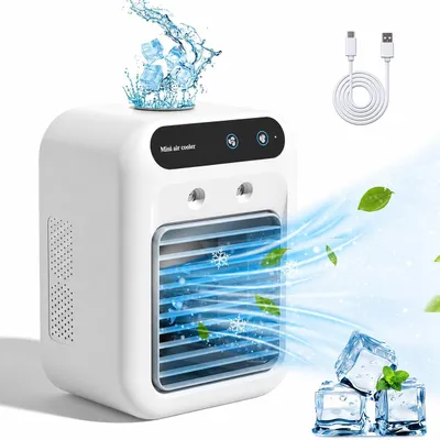 Produktbild von Mini Klimaanlage,USB Tragbarer Ventilator Luftkühler mit 2 Windgeschwindigkeiten,Doppelnebelspra,500ml Wassertank,Leiser Weiß Standventilatoren
