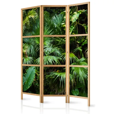 Produktbild von Paravent Tropische Blätter Monstera Palm Wedel 135x171 cm - 3-teilig - einseitig - eleganter Sichtschutz - Raumteiler - Trennwand - Raumtrenner - Holz - Design Motiv - Deko - Japan b-B-0312-z-b