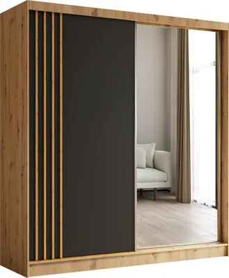 Produktbild von Masseno Schiebetürenschrank NELVIA 200 cm Kleiderschrank Schlafzimmer Schrank 2-türig mit Spiegel und Lamellen Eiche Artisan