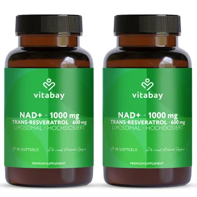 Produktbild von Vitabay Liposomales NAD+ 1000 mg – 180 vegane Softgels – mit 600 mg Trans-Resveratrol – 3 Monate Vorrat