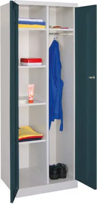 Produktbild von Kleiderschrank mit Sockel - Spind - 1 Abteil mit Trennwand - 1.800x600x500 mm (HxBxT) - Zylinderschloss - reinweiß/himmelblau