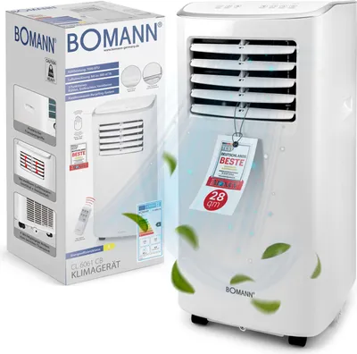 A product shot of a Bomann portable air conditioner, with its packaging shown to the left. The air conditioner is white and has a tag hanging from it.