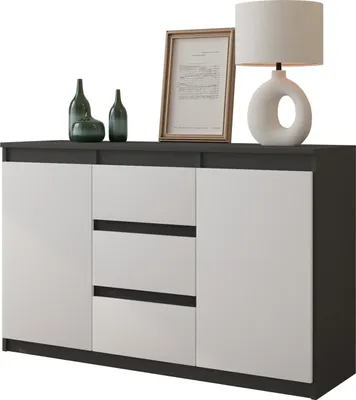 Obrázok produktu pre FURNICA - MIKEL - Komoda s 3 zásuvkami a 2 dvierkami - antracitovo sivá / biela matná V75cm Š120cm H35cm