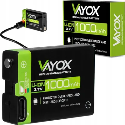 Produktbild von Vayox Li-Ion 3,7V Akku für Stirnlampen VA0303 | 100 mAh | USB-C | Schwarz