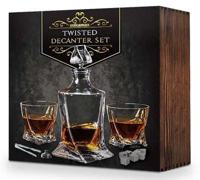Zdjęcie produktu dla Zestaw TWISTED do Whisky: Karafka + Dwie Szklanki + Kamienie + Szczypce + Skrzynia