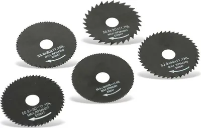 Produktbild von DAYTOOLS Mini-Sägeblätter SB-50.8-5 | 5-teiliges HSS-Sägeblätter Set | Außen-Ø 50,8 mm | Innen-Ø 11,1 mm | Drehzahl max. 4300 U/min | 44, 60, 80 und 100 Zähne | Ideal für Mini-Handkreissägen
