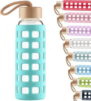 Obrázok produktu pre Silikónová fľaša na vodu s bambusovým viečkom, 660 ml, aqua modrá