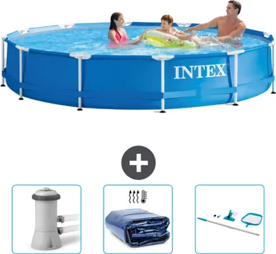 Obrázok produktu pre Bazén Intex s okrúhlym rámom - 366 x 76 cm - modrý - obsahuje filtračné čerpadlo pre bazén - markízu - čistiacu súpravu