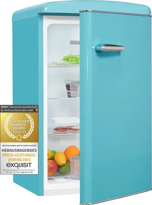 Produktbild von Exquisit Retrokühlschrank RKS120-V-H-160F taubenblau | Standgerät | 122 l Volumen | taubenblau
