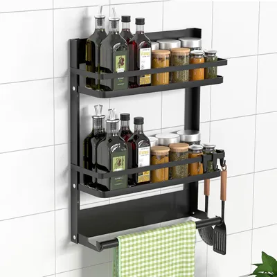 Produktbild von Gewürzregal für Wand, Küchenrollenhalter, 4 Haken, Edelstahl, schwarz, für Küche