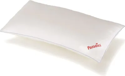 A white pillow with a red logo on the corner, isolated on a white background.