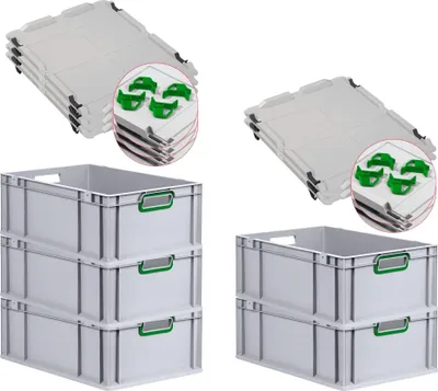 Produktbild von SparSet 5x Eurobox NextGen Color mit Auflagedeckel und Schiebeschnappverschlüsse | HxBxT 22x40x60cm | 44 Liter | Grau | Griffe grün offen | Verstärkter Boden | Eurobehälter, Transportbox, Transportbehälter, Stapelbehälter