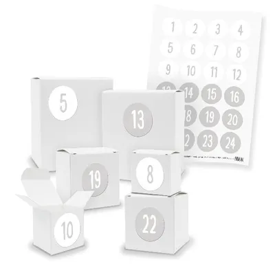 Produktbild von Adventskalender zum Füllen 24x Quader Würfel gemischt WEISS + Sticker (V01 Z35)