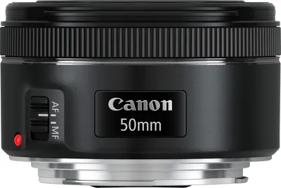 A close-up studio shot of a Canon 50mm lens.