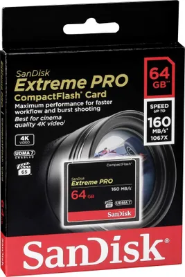 Produktbild von Sandisk 64GB Extreme Pro CF 160MB/s, 65536 MB, Kompaktflash (CF), 160 MB/s, -25 - 85 °C, -40 - 85 °C, 43 mm
