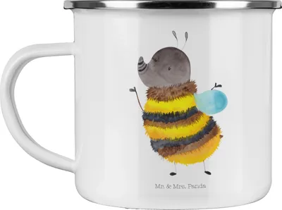 Produktbild von Mr. & Mrs. Panda Emaille Tasse Hummel flauschig - Weiß - Geschenk, Pott, Kaffeepott, Natur, Blume, Teetasse, Biene, wandertasse, Lustige Sprüche, Haferl