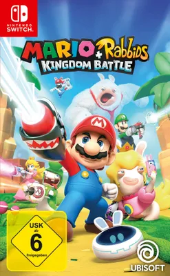 Cover art for the video game Mario & Rabbids Kingdom Battle, featuring characters from the Mario and Rabbids franchises.