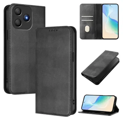 A collage of images showing a black leather flip phone case from different angles, including a close-up of the camera area and the interior card slots.
