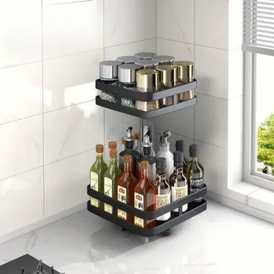 Produktbild von Gewürzregal, 2-Ebene, 360° Drehbar, Doppelschichtküchenregal, Ecke Stehgestell, Küchenorganizer, Gewürzhalter, für Küche, Schwarz, 23.8 × 40 cm