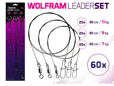 Productafbeelding van DELPHIN Wolframvoorlijnset BOMB! met wartel en karabijnhaak, verkrijgbaar in de maten 60x / 20,30,35 cm / 7,9,11 kg