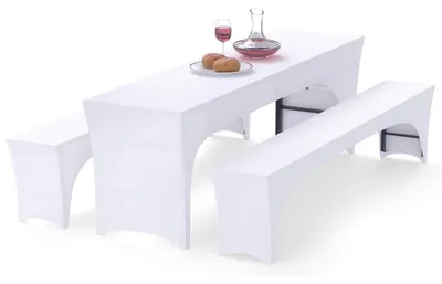 Produktbild von Biertischhussen Set 3er Weiß 220x70cm für 70cm Tischbreite Stretch Polyester/Elasthan
